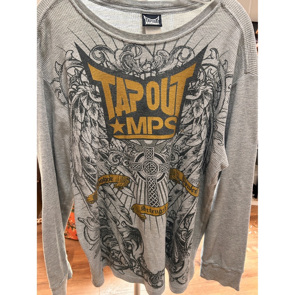 Tapout MPS Mens Thermal Shirt XL Grey Long Sleeve MMA Graphic Print Waffle Knit